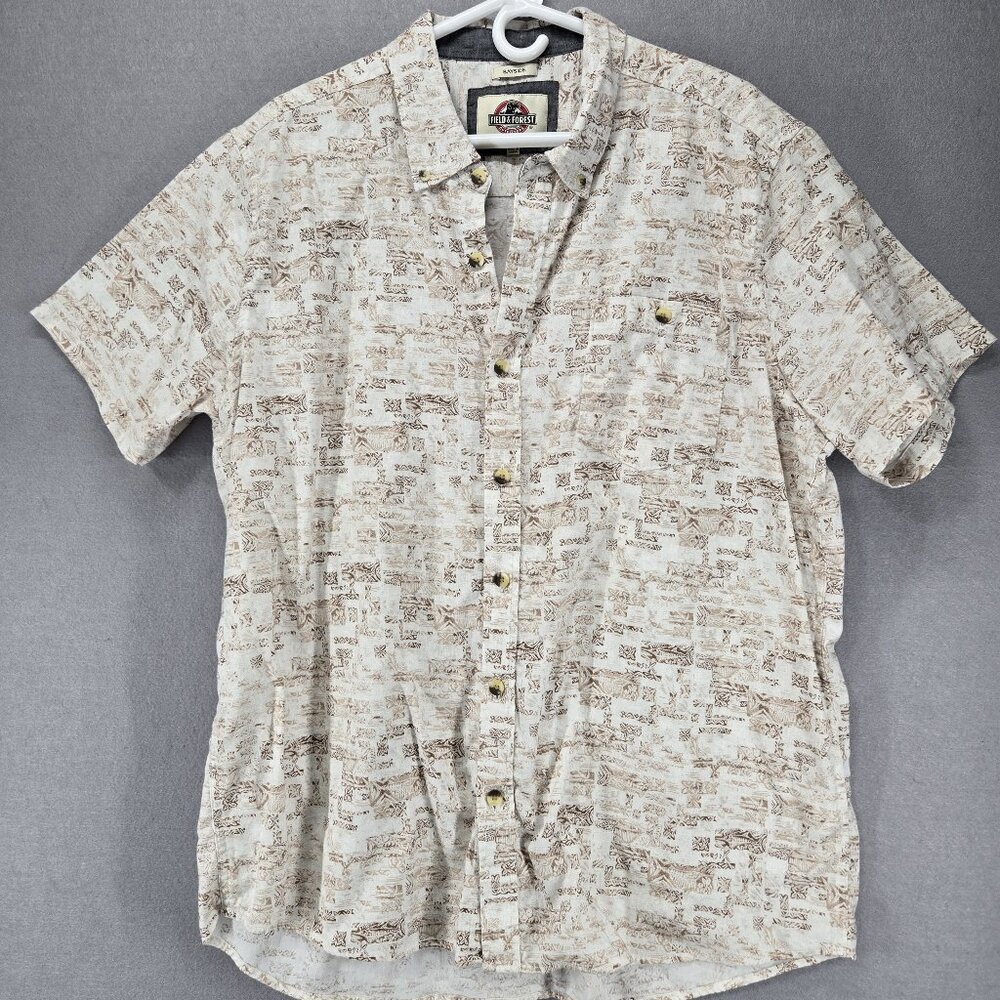 Field & Forest Outfitters Button Up, Island Print, Cream/Brown, XXL,Short Sleeve